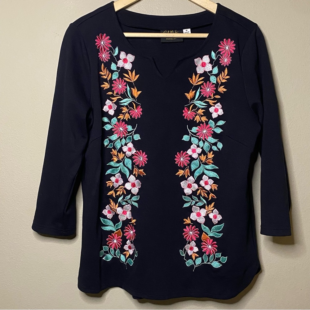 Bob Mackie Wearable Art Embroidered Blouse Women Medium Black Orange Floral